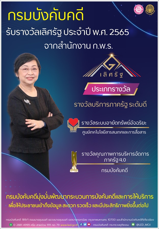 กรมบังคับคดีได้รับรางวัลเลิศรัฐ สาขาการบริการภาครัฐ และสาขาคุณภาพการบริหารจัดการภาครัฐ ประจำปี พ.ศ. 2565 จากสำนักงาน ก.พ.ร.